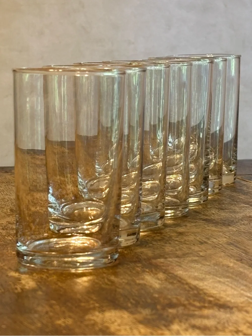 Set of 7 Clear Glass Juice Tumblers Highball Glasses Heavy Base MCM Style